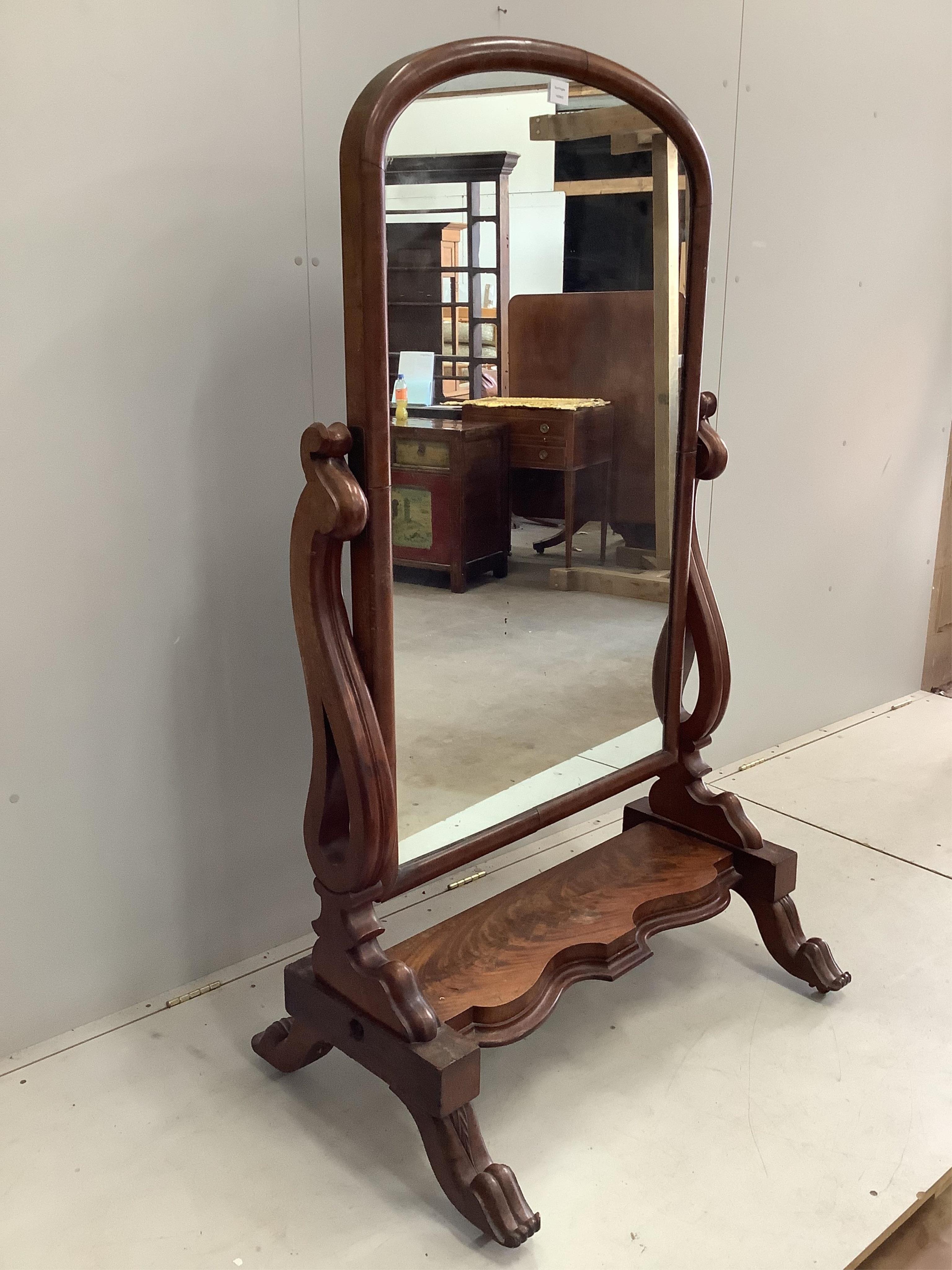 A Victorian mahogany cheval mirror, width 96cm, height 160cm